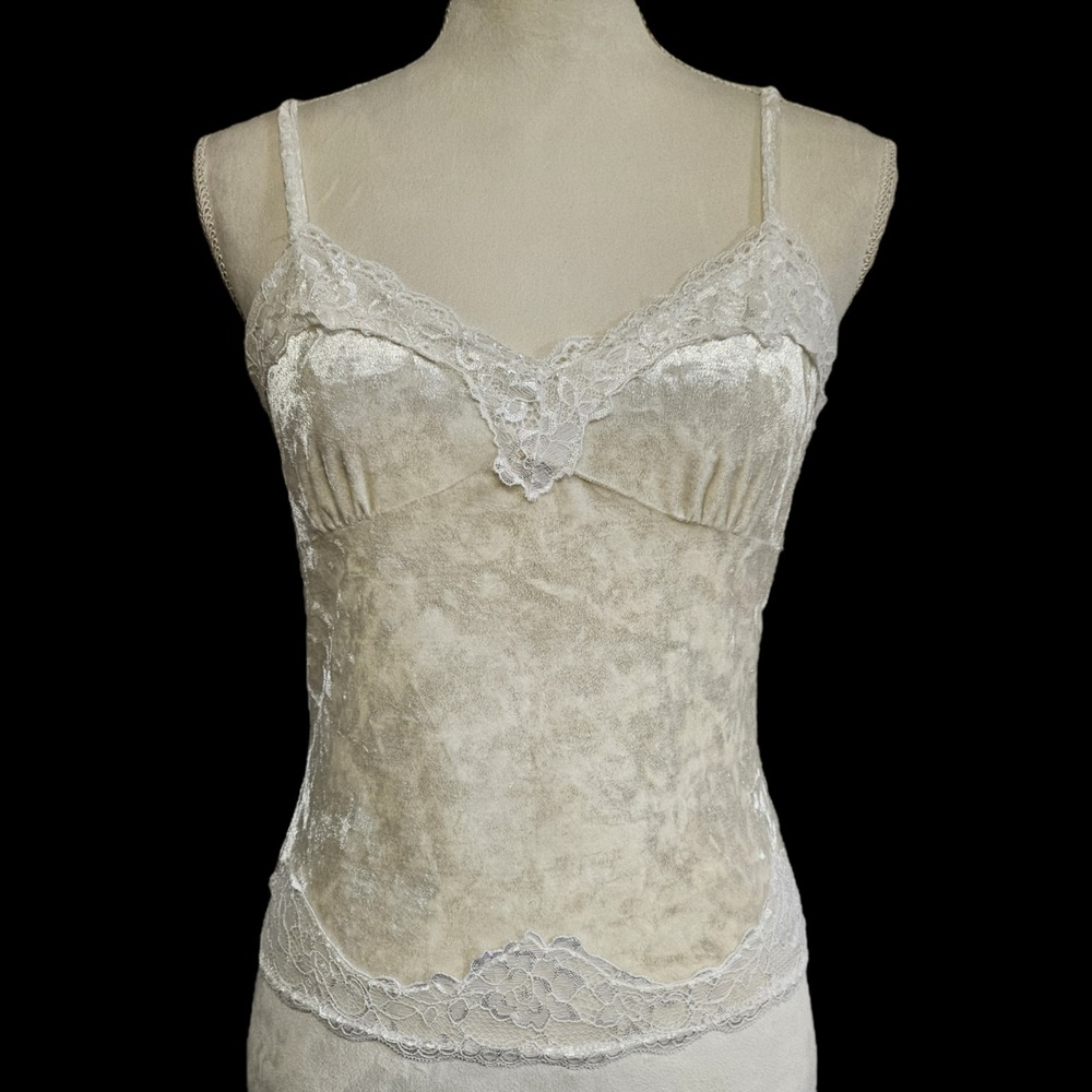 Ivory Velvet White Lace Trim Cropped Babydoll Cami Size L Fairy Coquette Y2K